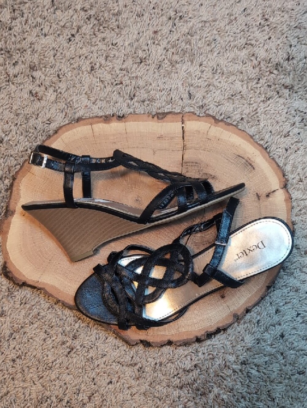 Vintage Dexter Women Black Wedge Heeled Sandals 9W Braided‎ Straps Ankle Strap